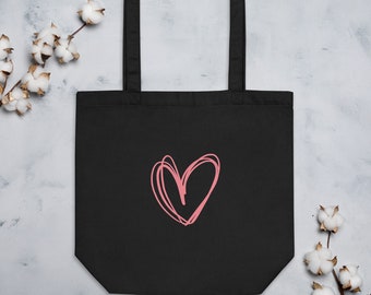 Organic Cotton Canvas Tote Bag – Pink Heart Graphic, Reusable Market Bag