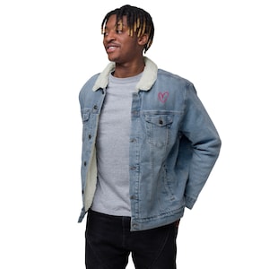 Unisex denim sherpa jacket with embroidered heart logo - Valentines Day