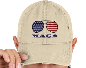 MAGA Distressed Hat With Sunglasses - Classic Trump Design!