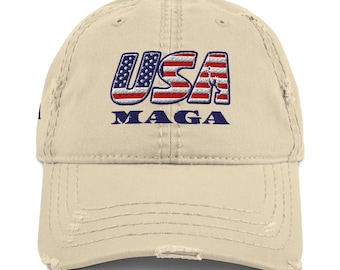 Three Panel MAGA, MAHA, 45/47 USA Distressed Hat - Embroidered - Attention Getter!