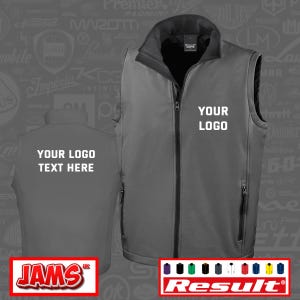 May include: A grey vest with a black collar and a full-length zip. The text "YOUR LOGO" is printed in white on the front. The back of the vest has the text "YOUR LOGO TEXT HERE". The vest has two side pockets. The brand name "Result" is visible.