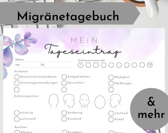 Migräne Tagebuch, Kopfschmerzen, Tracker, Vorlage, Sofortiger Download, A4