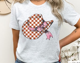 Checkered Cowgirl Hat Shirt, Cowgirl Hat Shirt, Country Girl Shirt, Cowgirl Shirt, Western Shirt for Women, Coquette Cowgirl Shirt