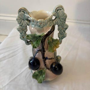 Art Nouveau Majolica Vase, Cherries & Leaves, Austrian Antique