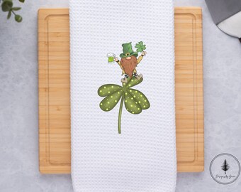 Leprechaun on Clover with Green Beer Towel, Gift for St. Patrick's Day, Kitchen Towel, Kitchen Decor, Irish Gnome, Leprechaun