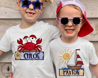 Summer Fun Youth Toddler T-Shirt, Personalized Shirt for Little Ones, Crab Tee, Sailboat Tee, Personalized Gifts