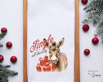 Country Christmas, Holiday Tea Towel, Secret Santa Gift, Gift Exchange, Host Gift, Home Decor, Vintage Xmas, Donkey Christmas