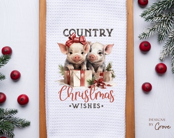 Country Christmas, Holiday Tea Towel, Secret Santa Gift, Gift Exchange, Host Gift, Home Decor, Vintage Xmas, Christmas Pigs