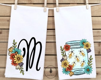 Personalized Floral and Lightening Bug Jar Kitchen Towel Duo, Personalized Gift, Custom Kitchen Towel, Floral Kitchen Towel, Decorated Towel