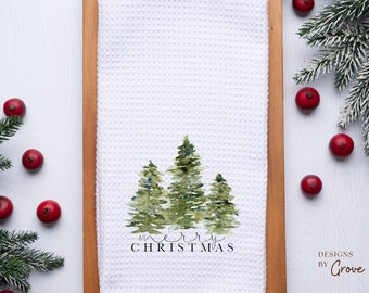 Merry Christmas Kitchen Towel, Holiday Tea Towel, Pine Tree Towel, Secret Santa Gift, Gift Exchange, Holiday Hostess Gift, Home Decor,  Gift