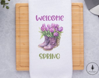Welcome Spring Boots and Tulips Kitchen Towel, Spring Flowers Kitchen Towel, Kitchen Decor, Towel for Tulip Lovers, Spring Kitchen Decor