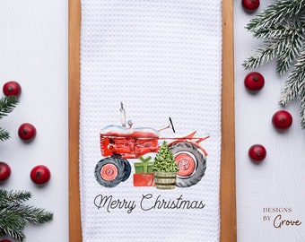 Merry Christmas Red Tractor Towel, Holiday Tea Towel, Vintage Red Tractor, Secret Santa Gift, Gift Exchange, Host Gift, Home Decor, Gift