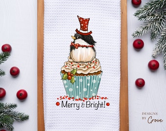 Merry &  Bright Chickadee Christmas Kitchen Towel, Holiday Tea Towel, Secret Santa Gift, Gift Exchange, Host Gift, Chickadee graphic Towel