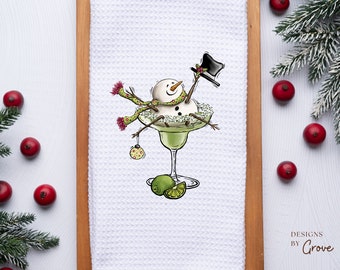Snowman Swimming in a Margarita Kitchen Towel, Holiday Tea Towel, Secret Santa Gift, Gift Exchange, Host Gift, Gift for Margarita Lovers