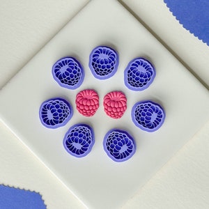 May include: A set of nine silicone moulds for baking, featuring raspberry shapes in purple and pink.