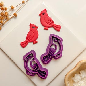 Puede incluir: Dos cortadores de galletas con forma de ave cardenal hechos de plástico morado, acompañados de dos galletas rojas a juego con forma de cardenal. Los cortadores presentan contornos detallados, mientras que las galletas tienen un acabado rojo sólido.