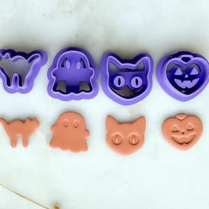 Spookachtige Halloween-dierenset polymeerklei | Spook, zwarte kat, pompoen, vleermuiskleivormpjes | 3D-geprinte reliëfsnijders