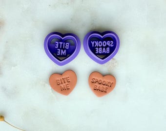 Spooky Conversation Heart Polymer Clay Cutter Set | “Bite Me” & “Spooky Babe” Heart Cutters | 3D Printed Embossed Clay Cutters