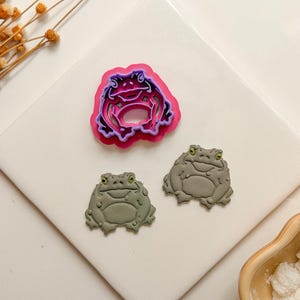 Puede incluir: Un cortador de galletas con forma de rana en color rosa y morado junto a dos figuras de rana grises con textura. El cortador muestra el contorno detallado de una rana, mientras que las dos figuras presentan una textura de piel rugosa.