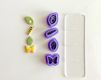 Butterfly Life Cycle Clay Cutter Set – 3D Printed Polymer Clay Tools – Caterpillar, Cocoon, Leaf & Butterfly Cutters
