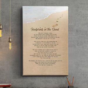 Empreintes de pas dans le sable Art mural chrétien Toile enveloppée Bible Versets encadrés Art d’inspiration chrétienne