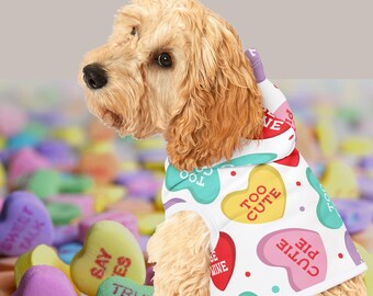 Valentine’s Day Dog Hoodie - Candy Heart Pet Costume on white background – Cute Pet Sweatshirt for Small Dogs
