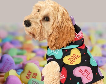 Valentine’s Day Dog Hoodie - Candy Heart Pet Costume on black background – Cute Pet Sweatshirt for Small Dogs