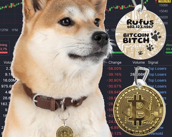 Funny Bitcoin Dog Tag – Crypto Pet ID Tag with Circuit Design – Custom Collar Charm for Small Medium Dogs – Novelty Gift for Dog Lovers
