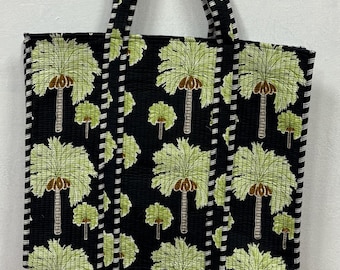 Hand Block Print Palm Tree Quilted Tote Bag: Artisan Crafted Cotton