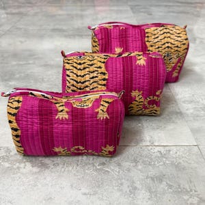 Tropical Roar Hand Block Printed Pink Tiger Quilted Toiletry Pouch Trio - Eco-Conscious & Leak-Proof Stylish, Waterproof Travel Reusable Kit