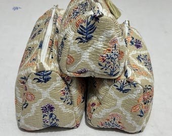 Block Print Toiletry Bags Set: Handmade Floral Cotton Cosmetic Pouches