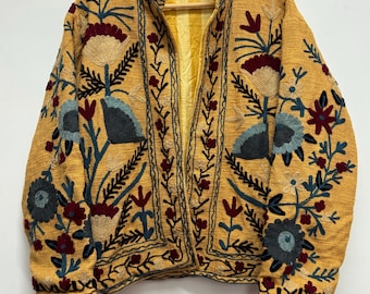 Indian Suzani Embroidery Jacket, Cotton Suzani Coat, Winter Wear Jacket Coat, New Suzani Short Jacket Rare Hand Embroidered Jacket For Women