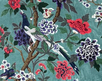 Tela de terciopelo con estampado de pájaros, algodón estampado a mano, tela de tapicería cortada a medida