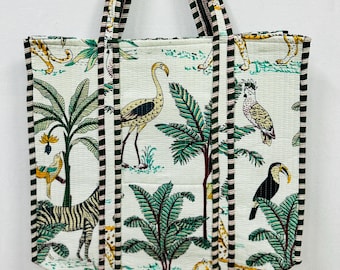 Handmade Quilted Cotton Tote Bag: Floral Print Travel Shoulder Bag