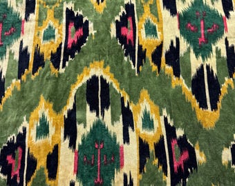 Green Ikat Print Velvet Fabric, Hand Block Printed, 110cm Wide