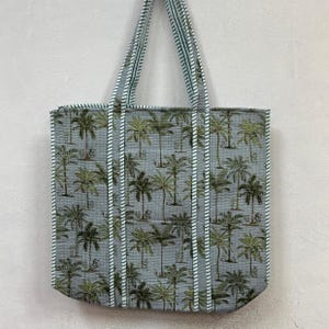 Luxuriöse Palmen-Einkaufstasche, gesteppte Baumwolltasche, indische Blockdruck-Einkaufstasche, Reisetasche, große Blumen-Weekender, Brautjungfer, Schulterhandtasche