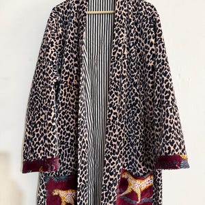 Leopardmönstrad sammetkimono, bohemisk dusterjacka, bohemiska ytterkläder