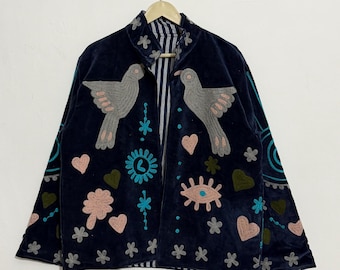 Velvet Suzani Jacket | Embroidered Winter Coat | Boho Gift for Her