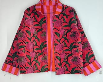 Blush Floral Velvet Kimono Jacket | Artisan Print Boho Robe
