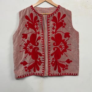 Peach Velvet Suzani Vest: Hand Embroidered Floral Jacket