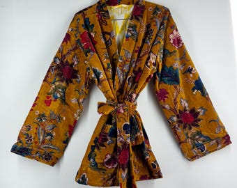 Reversible Floral Velvet Kimono | Sunshine Mustard Boho Duster