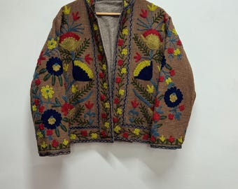 New chocolate Colorful Short Embroidered Jacket, Bohemian Suzani , Handmade Floral Coat, Suzani Short Jacket, popular gift for any occasion