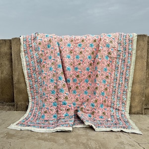 Hand Block Printed Cotton Comforter: Floral Design Reversible Quilt