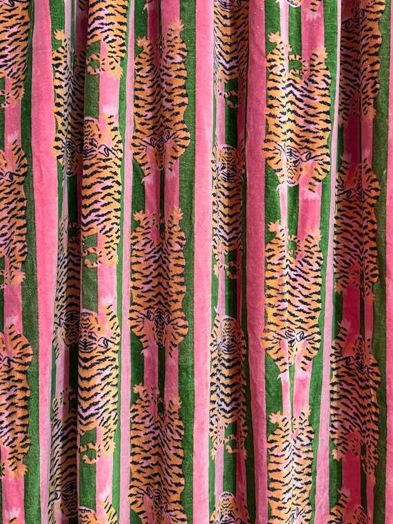 Tibetan Tiger Curtains | Luxury Cotton Velvet Drapes | Green Pink Stripe Window Panels | Maximalist Home Decor | Boho Curtains