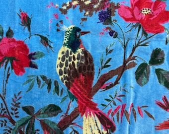 Blue Bird Hand-Printed Velvet Fabric, Violet Indian Cotton, 44" Wide