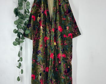 Kimono de terciopelo verde / Chaqueta con estampado de pájaros indios