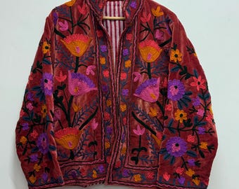 Velvet Hand Embroidered Suzani Jacket - Velvet Cotton Suzani Jacket, Velvet Fabric - Bohemian Women Suzani Coat - Embroidered Suzani Jacket