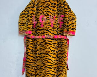 Mustard Tiger Print Velvet Kimono Robe, Boho Bridal Loungewear