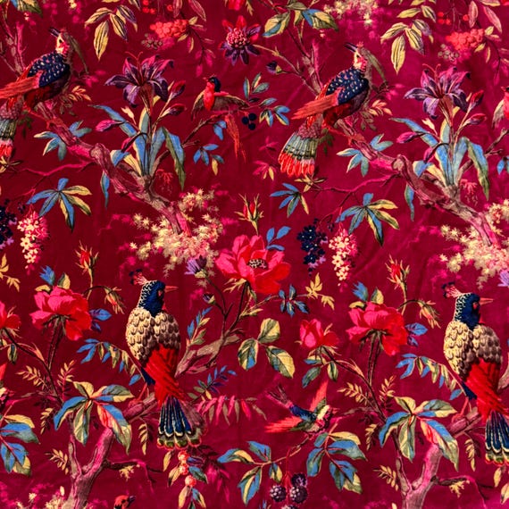 Indian Cotton Velvet Fabric | Floral Bird Print, Maroon Violet Upholstery
