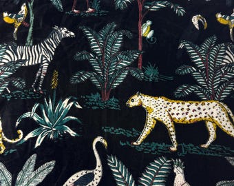 Tela de terciopelo con estampado a mano, animales de safari en la jungla, algodón violeta, 110 cm